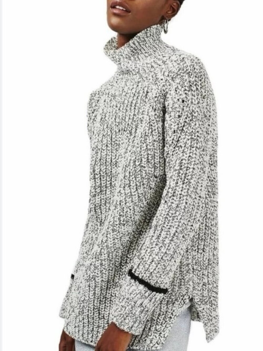 Topshop Chunky Knit Turtleneck Sweater Marled Black White Cozy Size 4